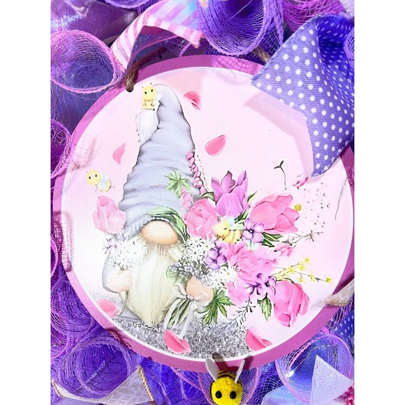 Handmade Spring Floral Bee Gnome Prelit Ribbon Wreath 22 in LED W1 - Picture 8 of 10